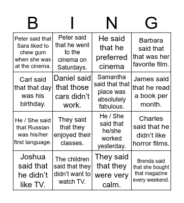 Reported Speech Bingo Card