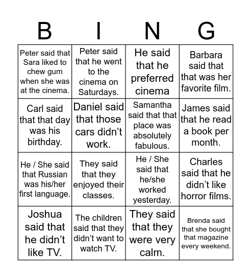 Reported Speech Bingo Card