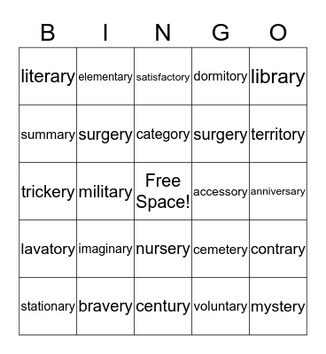 Sort 9 BINGO -ary, -ery, ory Bingo Card