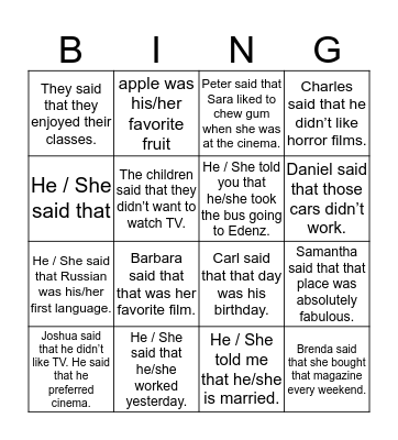 Reported Speech Bingo Card