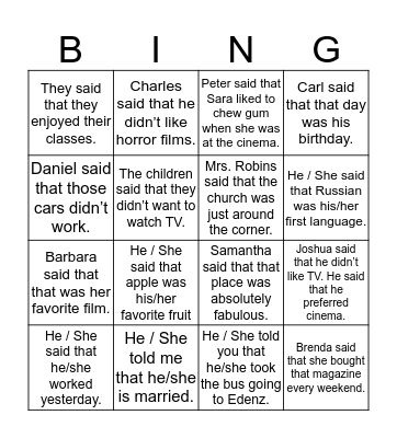 Reported Speech Bingo Card