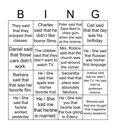 Reported Speech Bingo Card