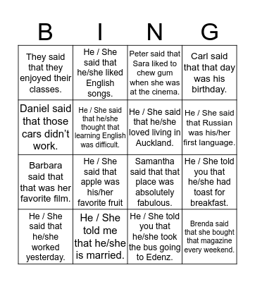 Reported Speech Bingo Card