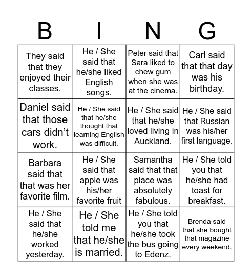 Reported Speech Bingo Card