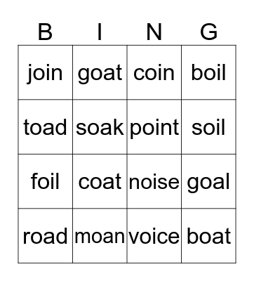 OA/OI Words Bingo Card