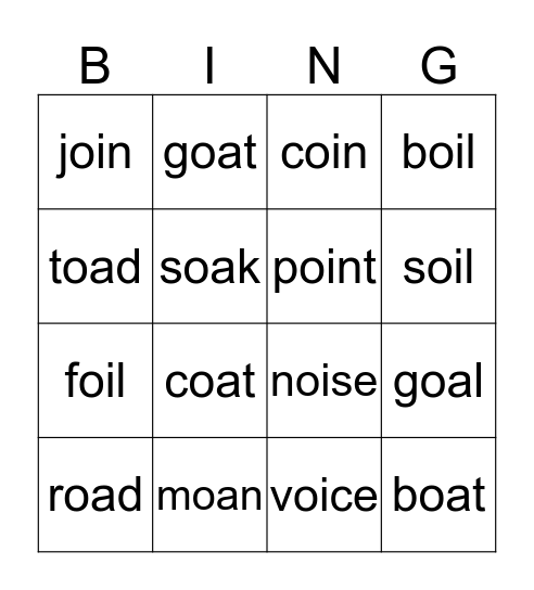 OA/OI Words Bingo Card