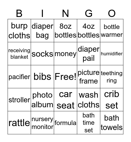 Karrington's Shower Bingo Card