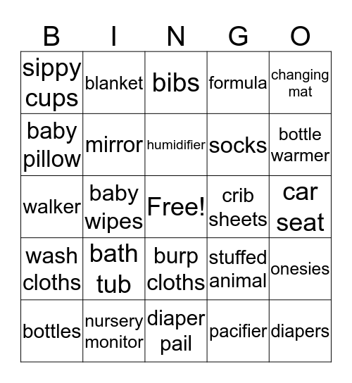 Karrington's Shower Bingo Card