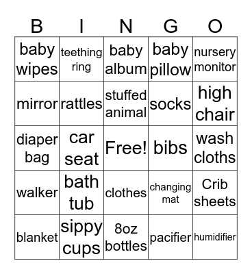 Karrington's Shower Bingo Card