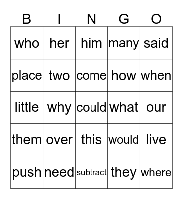 Sight Word Bingo  Bingo Card