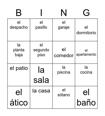 Spanish Vocab Bingo Card