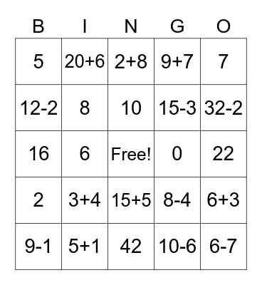 addition/ subtraction Bingo Card