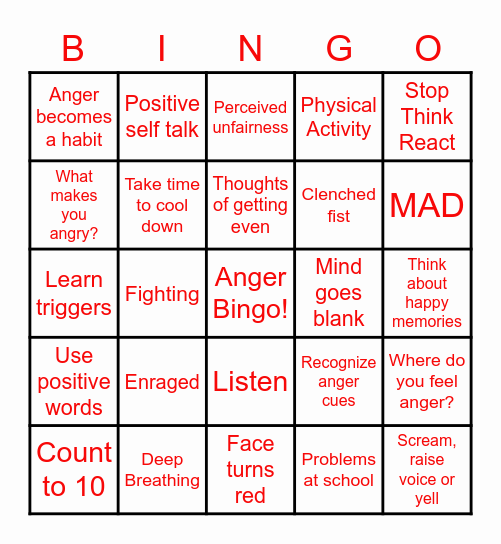 Anger Bingo Card