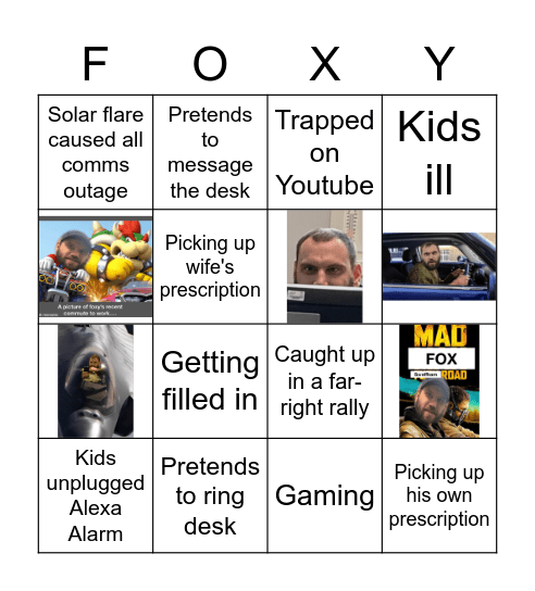 Foxy's Excuse Bingo Card