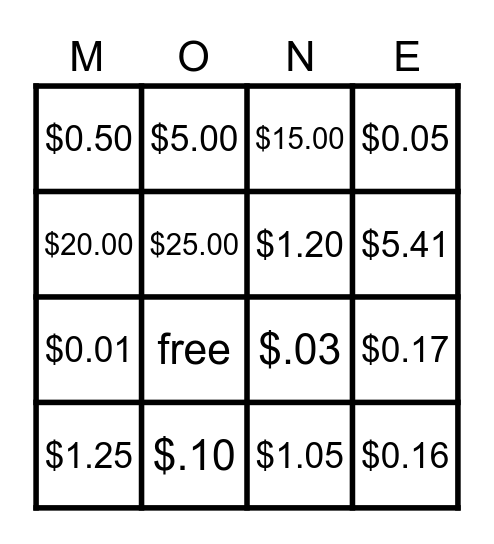 Money Money Money Bingo Card