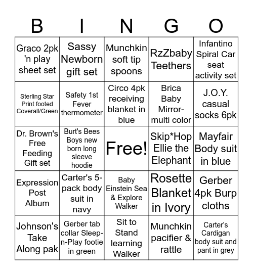 Karrington's Shower November 28, 2015 Bingo Card