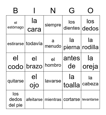 Partes del cuerpo, verbos reflexivos Bingo Card