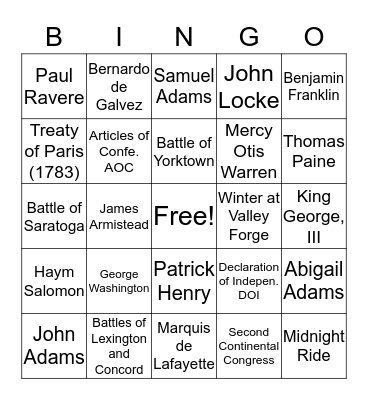 American Revolution Bingo Card