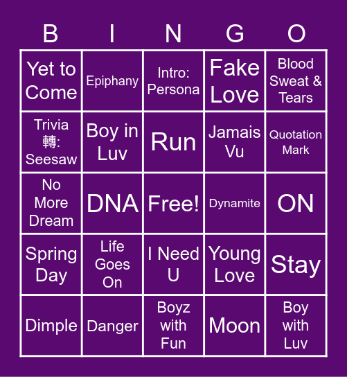 Only Bangtan Purple Hall of Fame 2022 Bingo Card