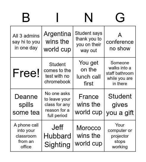 Pre-winter Break Bing Bingo Card