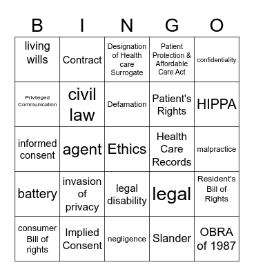 Legal and Ethical Responsibilities Bingo Card