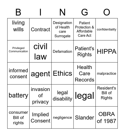 Legal and Ethical Responsibilities Bingo Card