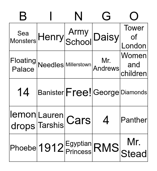 Titantic Bingo Card