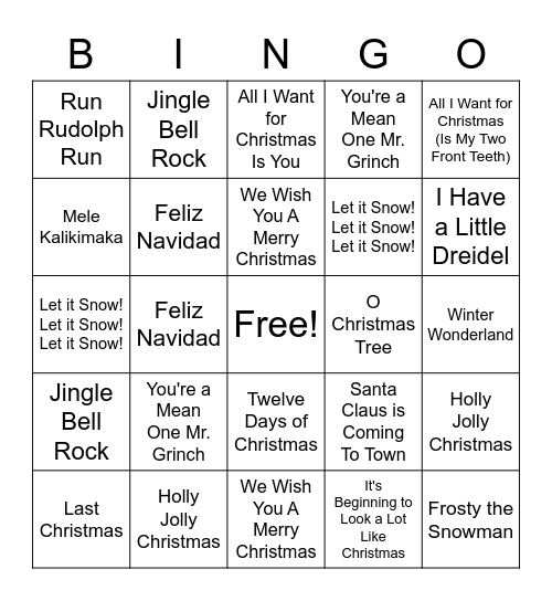 Holiday Music Bingo Card