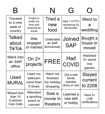 Year in Review Bingo Card