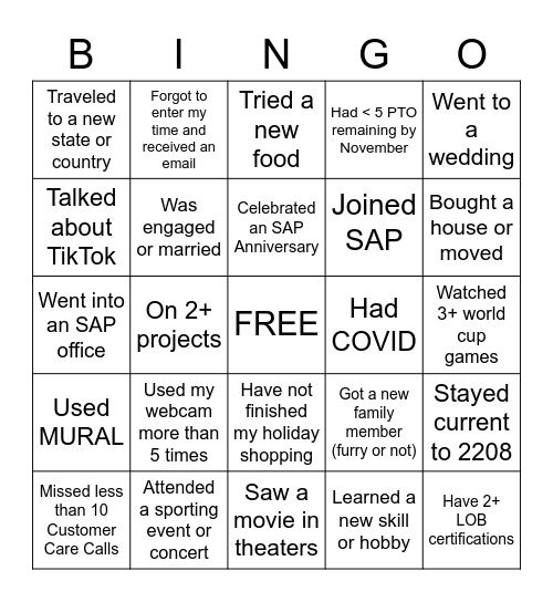 Year in Review Bingo Card