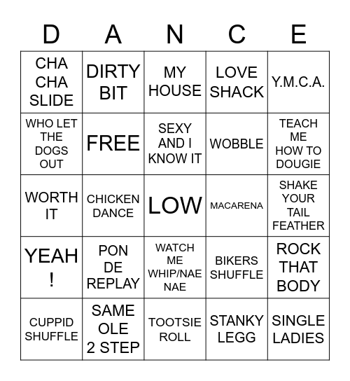 DANCE MUSIC BINGO Card