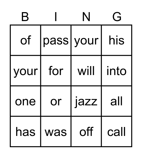 Unit 4 Bingo Card