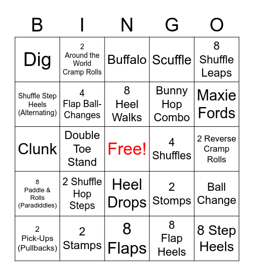 Tap Class Bingo - Beg/Int Bingo Card