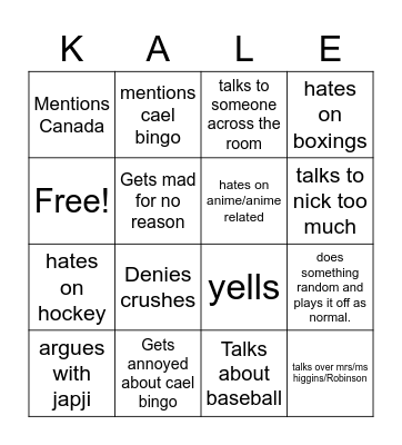 Cael bingo Card