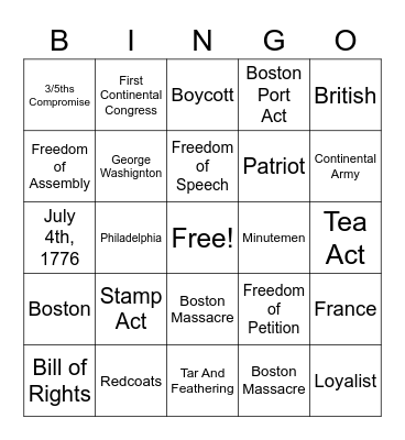 Revolutionary War Bingo With Fox Bingo Card