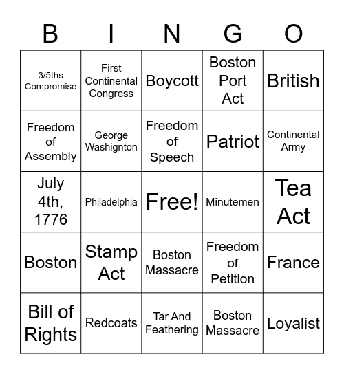 Revolutionary War Bingo With Fox Bingo Card