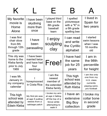KLEBA CHRISTMAS BINGO Card