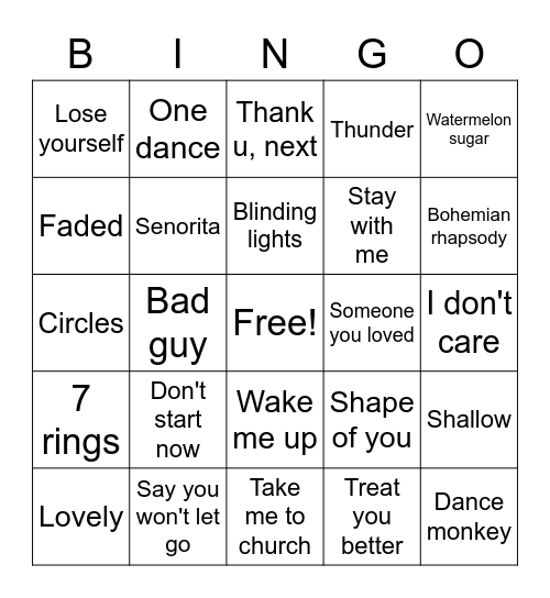 Top 100 spotify Bingo Card