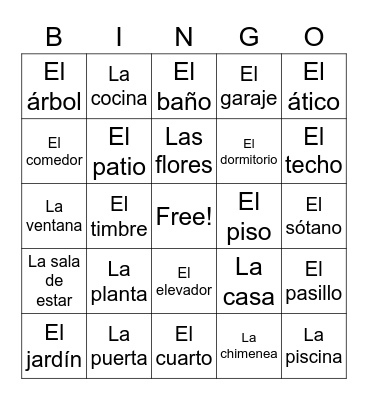 Spanish House Vocab Bingo Card