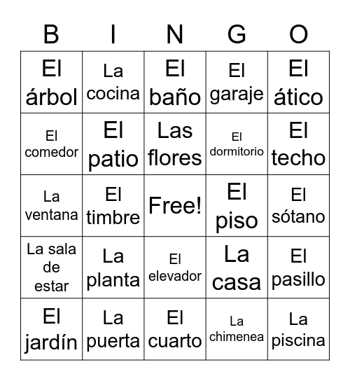 Spanish House Vocab Bingo Card