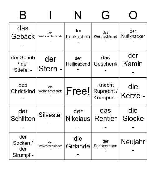 Weihnachtsvokabeln Bingo Card