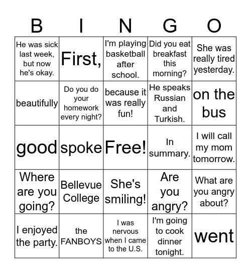 Grammar and Writing Bingo Card