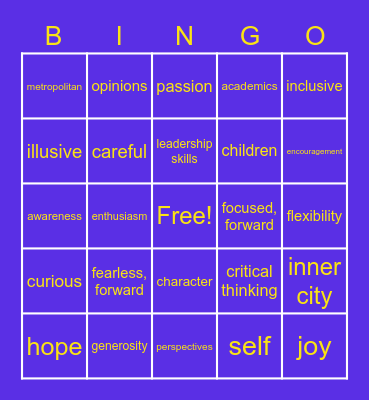 MAC Mission and Values Bingo Card