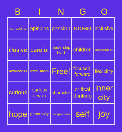 MAC Mission and Values Bingo Card