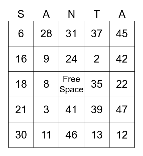 Holiday Bingo Card