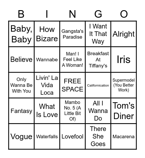 90's Bingo Card