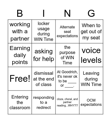 WIN Time Expectations Bingo Card