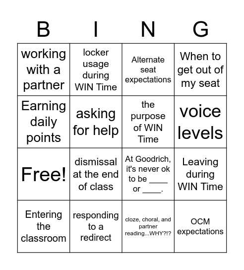 WIN Time Expectations Bingo Card