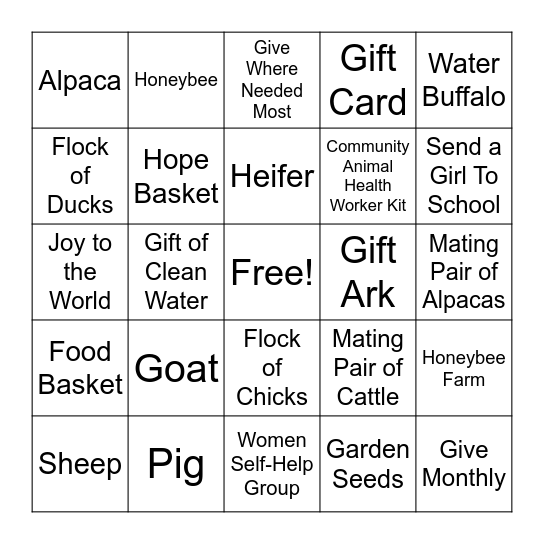 Heifer Gift Catalog Bingo Card