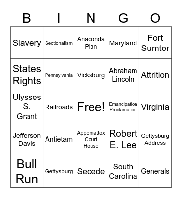 Civil War Bingo Card